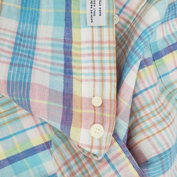 Brooks Brothers Irish Linen Button Up Shirt Mens XL Blue Pink Beach Wedding Vtg - Picture 7 of 12